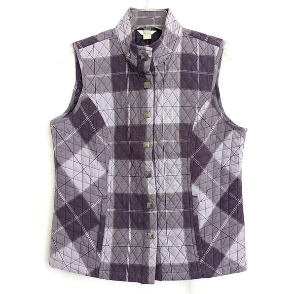Christopher & Banks Purple Plaid Quilted Vest Size M Cotton Snap Button Lined - Picture 1 of 12